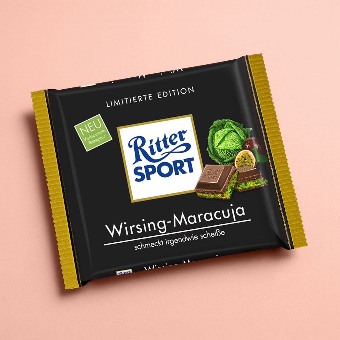 Humorvolle Bildretusche einer fiktiven Ritter Sport Schokolade in der Sorte Wirsing-Maracuja als kreative Designübung.