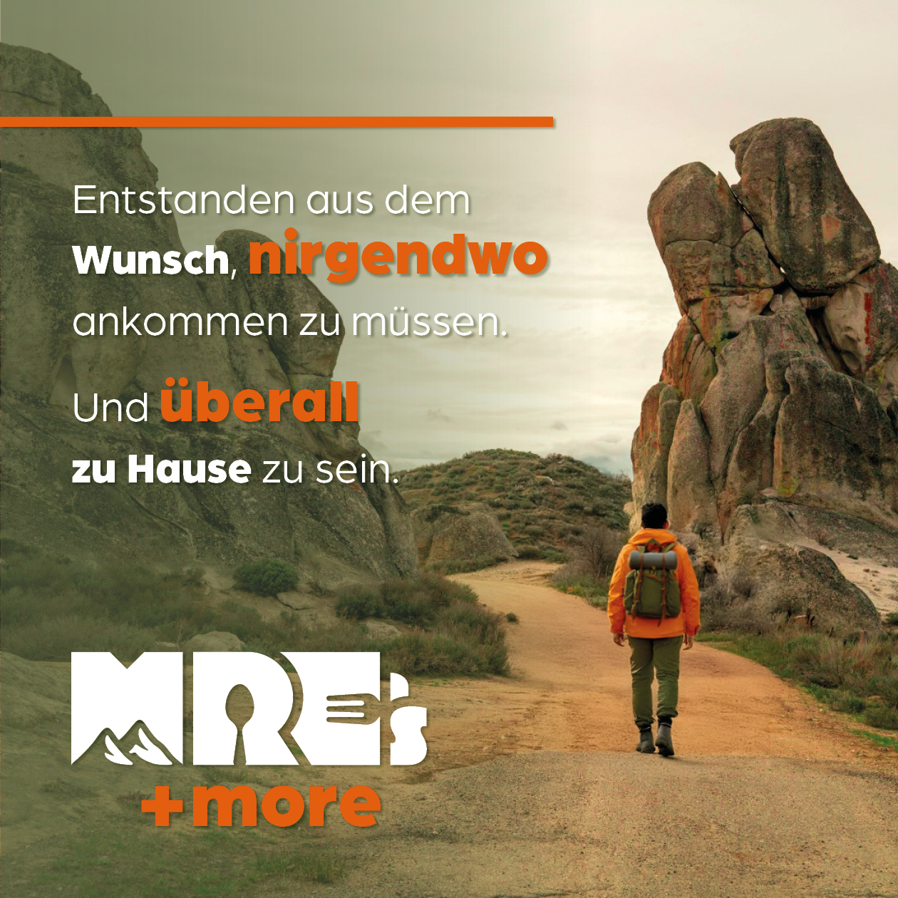 Bildsprache Beispiel Brand Styleguide MRE's & more mit Outdoor Fotografie und Typografie Overlay in Signal Orange